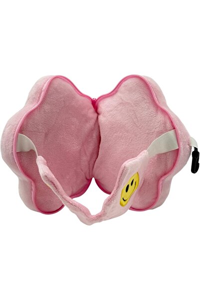 B&D banddtools 2-in-1 Velvet Travel Pillow and Eye Mask, Pink Smiley Face, Adjustable Head Support with