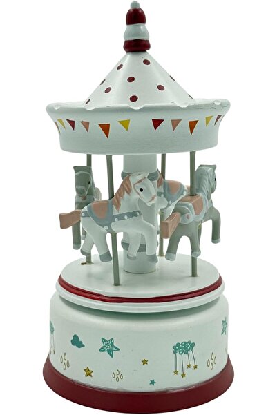 B&D CAROUSEL Musical Rotating Carousel Music Box, White with Red Accents, Wind-Up