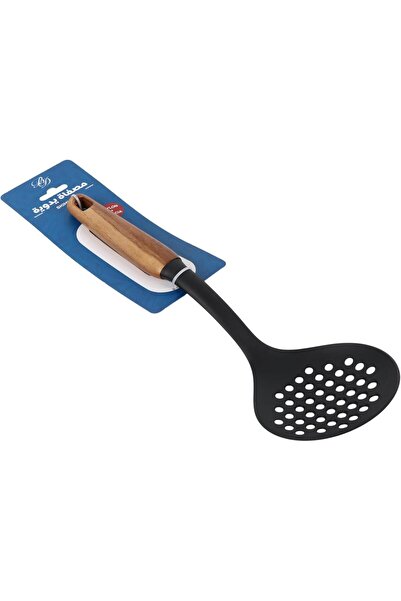 B&D Kitchen Skimmer Spoon, Black Nylon with Wooden Handle, Perforated Strainer Ladle