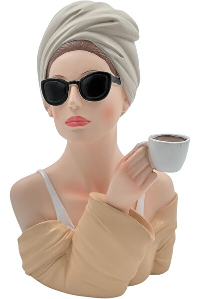 B&D Decorative Ceramic Bust with Sunglasses and Coffee Cup, Vintage Style, 15×12×6 cm