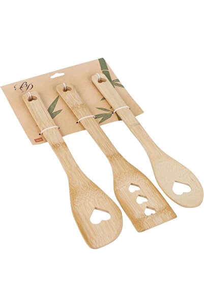 B&D 3-Piece Bamboo Kitchen Utensils Set, Heart-Shaped Design, 30cm Length, Natural Wood Cooking Spoo