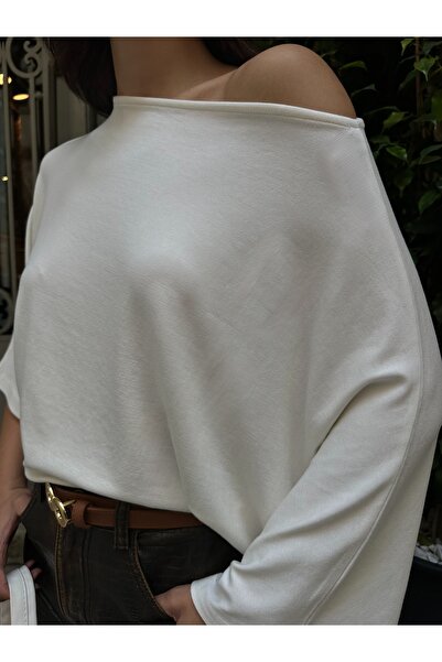 BEJNA Women's Batwing Sleeve Off Shoulder Modal Textured Blouse