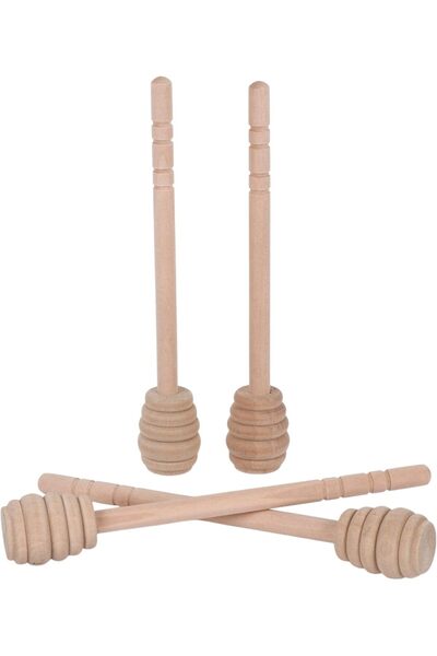 B&D Wooden Honey Dipper Set, Natural Wood Muddler, Traditional Beehive Design, 4 Pack