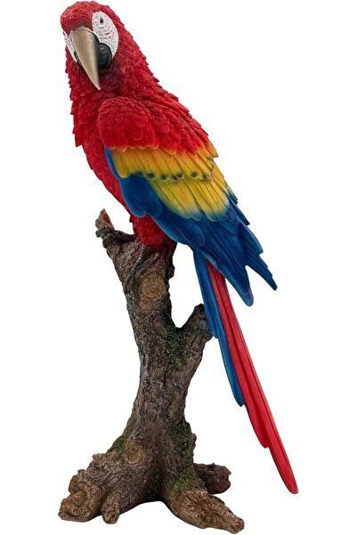 B&D Decorative Macaw Ornament by banddtools — Realistic Crimson Parrot Statue on Branch, Red/Blue/Yell