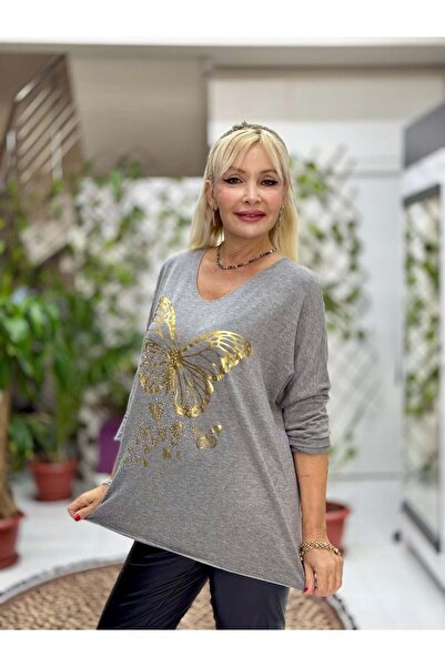 Punta Otantik Yg59100 Italian Stone and Butterfly B Printed Knitwear Blouse Gray