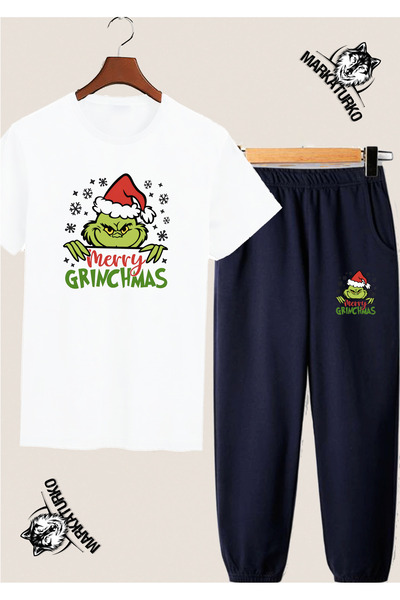 MarkaTurko Grinch Christmas Special Design White Tshirt-Dark Blue Sweatpants Combination