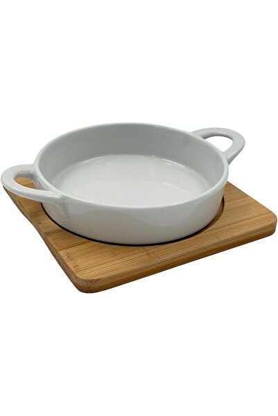 B&D White Ceramic Round Serving & Baking Dish with Double Handles and Bamboo Base (banddtools)