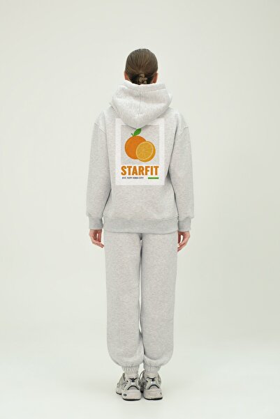GIA - ART Oversize Women's Tracksuit Set Gray Melange - 3 Thread Raised Fleece, Full Orange Print on the Back