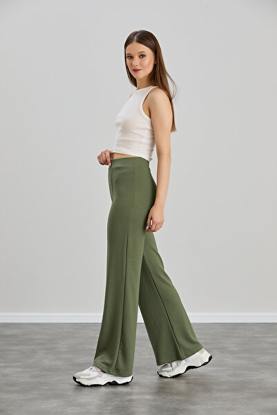 naymanlife Women's Khaki Modal Wide Leg Soft Textured piped High Waist Elastic Stretch Fabric Trousers