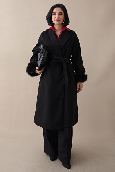 InStyle Black Cashmere Coat with Unlined Plush Sleeves