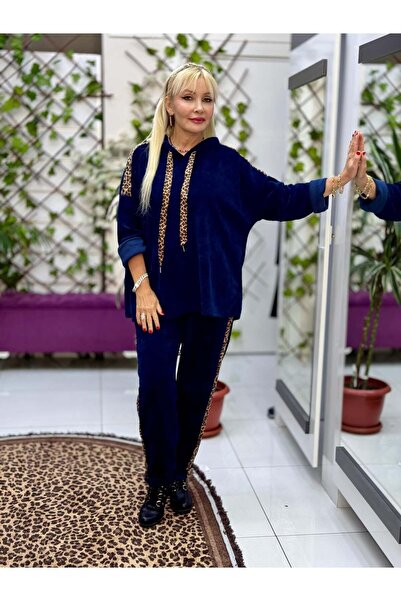 Punta Otantik Nc24145 Italian Hooded Velvet Suit with Leopard Detail Navy Blue