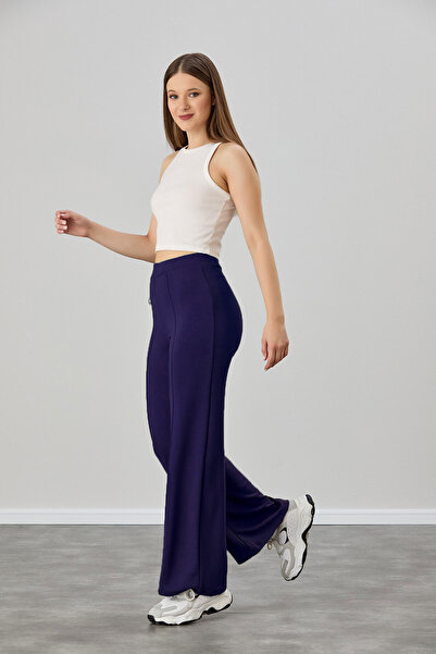 naymanlife Women's Navy Blue Modal Wide Leg Soft Textured piped High Waist Elastic Stretch Fabric Trousers