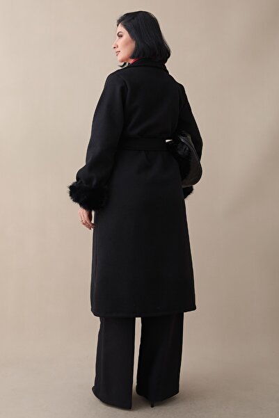 InStyle Black Cashmere Coat with Unlined Plush Sleeves