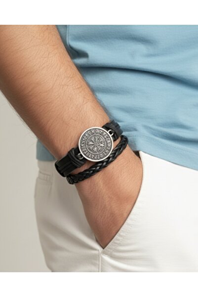 E&F Takı قطعتان من سوار معصم من الجلد الأصلي برمز البوصلة فيجفير، إكسسوار أنيق