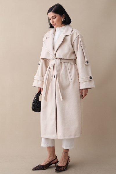 InStyle Oversized Cream Cashmere Coat with Epaulettes and Belt, Unlined