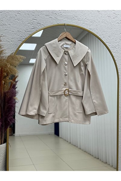 MİHRA STORE Cameron Collar Detailed Gold Buttoned Cape Jacket-Çi̇926 Stone