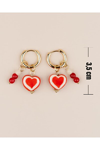 Portakal Esintisi Amoria Red Porcelain Heart Charm Hoop Earrings