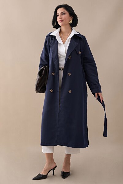 InStyle Navy Blue Trench Coat with Cross Pocket Detail