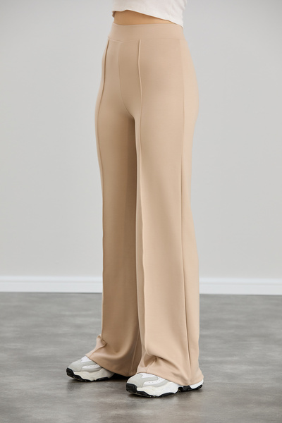 naymanlife Women's Beige Modal Wide Leg Soft Textured piped High Waist Elastic Stretch Fabric Pants