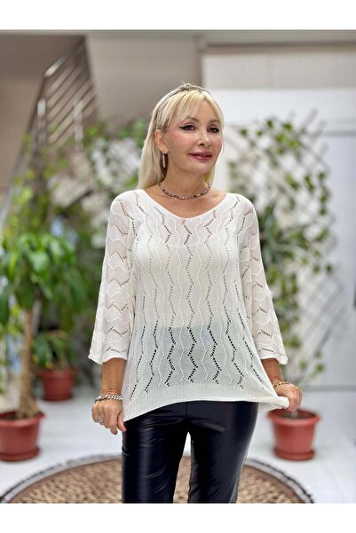 Punta Otantik Nc6071 Italian Fakir Sleeve Zigzag Patterned Thin Knitwear Blouse White