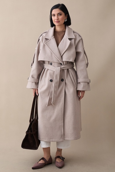 InStyle Oversized Beige Cashmere Coat with Epaulettes and Belt, Unlined