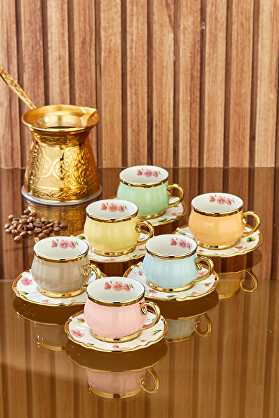 sonnenflügel 12 Parça Porselen 6 Kişilik 6 Farklı Renkli Çiçek Detaylı Modern...