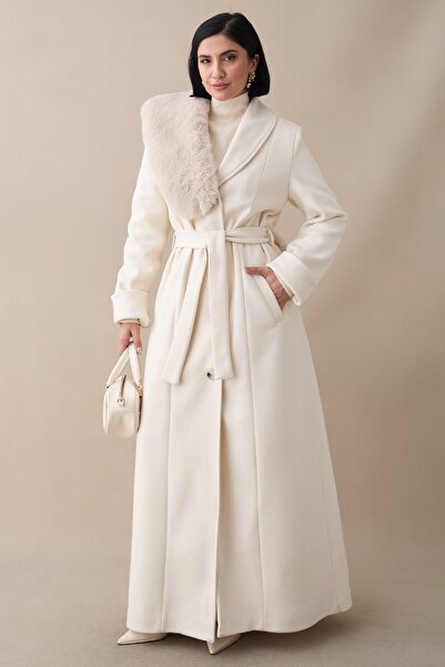 InStyle Ecru Cashmere Coat with Fur Collar and Fur Lining and Belt