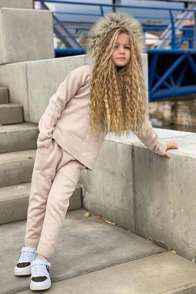 Riccotarz Girl's Detachable Collar Fur Sweater Double Pocket Knitwear Ecru Top and Bottom Set