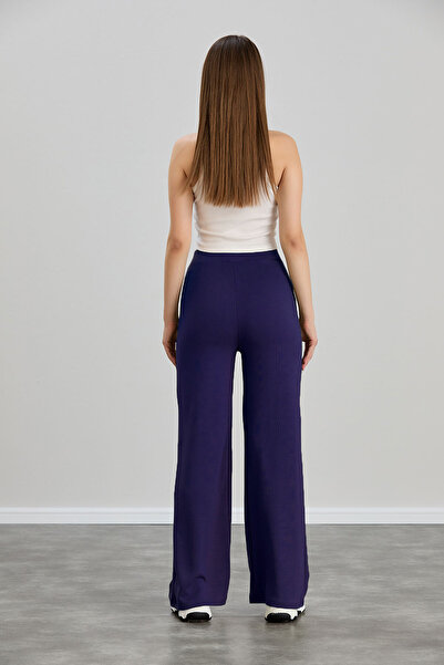 naymanlife Women's Navy Blue Modal Wide Leg Soft Textured piped High Waist Elastic Stretch Fabric Trousers