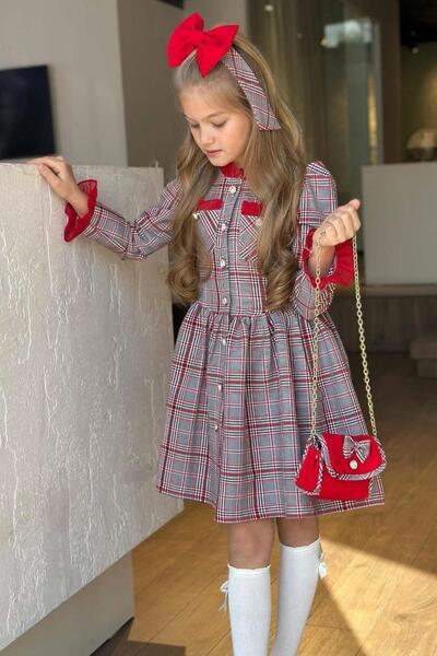 Riccotarz Girl's Red Dress with Ruffled Collar and Sleeves, Button Detail Along the Length and Plaid Detail.