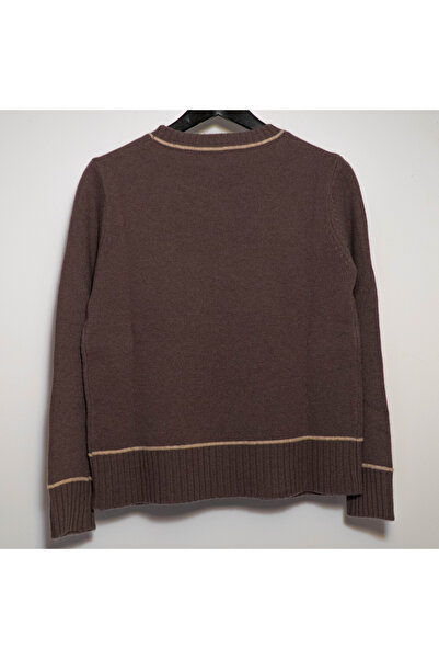 FASHION 100% Wool Sweater with Contrasting Stripes - Dark Maroon