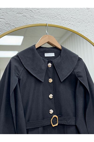 MİHRA STORE Cameron Collar Detailed Gold Buttoned Cape Jacket-Çi̇926 Black