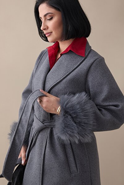 InStyle Anthracite Cashmere Coat with Unlined Plush Sleeves