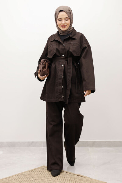 Tesettür Dünyası Belted Denim Suit Tsd250231 Bitter Brown