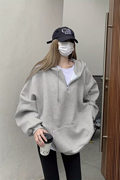 Tarz Cool Oversized Hooded Front Zippered Soft Fabric Sweatshirt