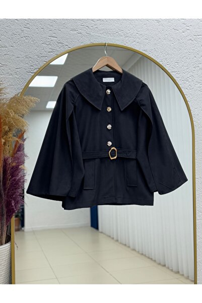 MİHRA STORE Cameron Collar Detailed Gold Buttoned Cape Jacket-Çi̇926 Black