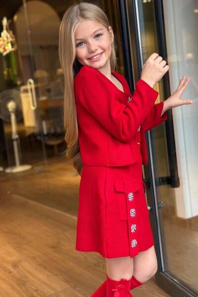 Riccotarz Girl's Strappy Blouse Cardigan and Diamond Stone Embroidered Pocket Burgundy Knitwear Skirt Set