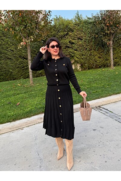 gbbutik PİLİSE MİDİ TRİKO TAKIM SİYAH