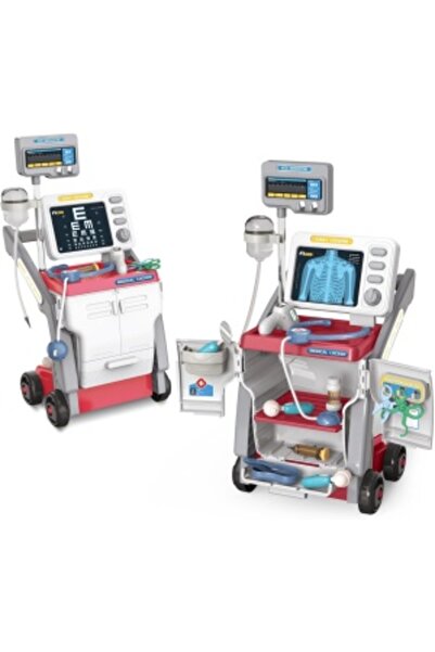 Junios Medical Cart Doctor Play Set - 15 Pieces with Lights and Sounds (Pink)