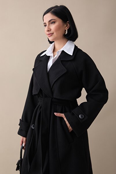 InStyle Unlined Black Cashmere Coat with Hood and Belt