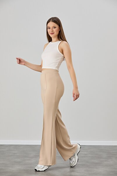 naymanlife Women's Beige Modal Wide Leg Soft Textured piped High Waist Elastic Stretch Fabric Pants