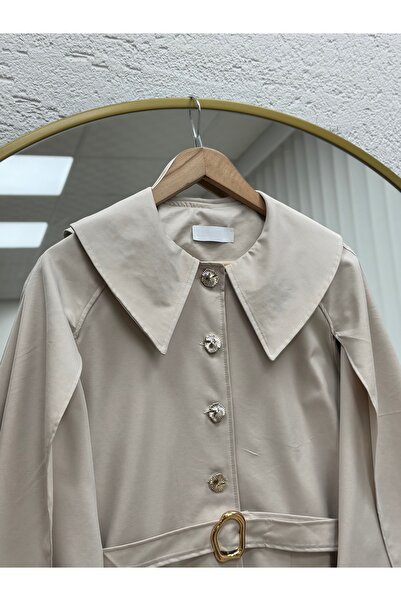 MİHRA STORE Cameron Collar Detailed Gold Buttoned Cape Jacket-Çi̇926 Stone