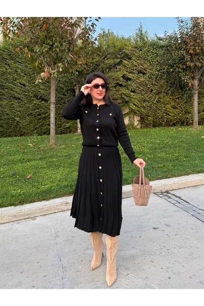 gbbutik PİLİSE MİDİ TRİKO TAKIM SİYAH