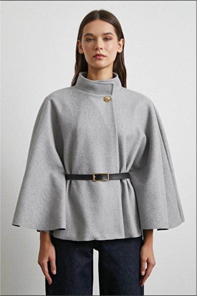 ESRE GİYİM Țesătură PONCHO CAŠE CU GĂLĂ HAKİM CU CENTURĂ CULOARE GREY