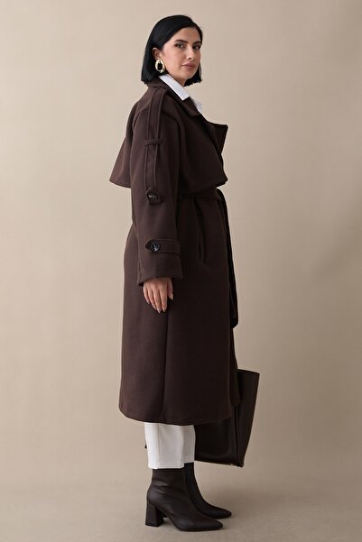 InStyle Oversized Bitter Brown Cashmere Coat with Epaulettes and Belt, Unlined