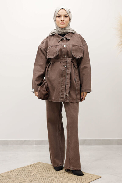 Tesettür Dünyası Belted Denim Suit Tsd250231 Milky Brown