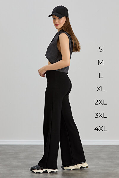 naymanlife Women's Black Modal Wide Leg Soft Textured piped High Waist Elastic Stretch Fabric Pants