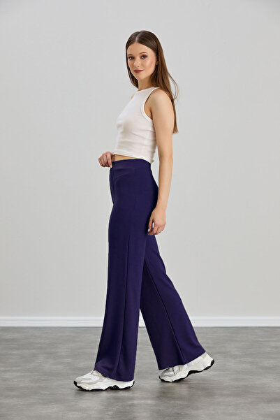 naymanlife Women's Navy Blue Modal Wide Leg Soft Textured piped High Waist Elastic Stretch Fabric Trousers