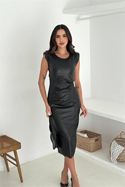 Neşeli Butik γυναικείο αμάνικο δερμάτινο φόρεμα μίντι μήκους NBK4378