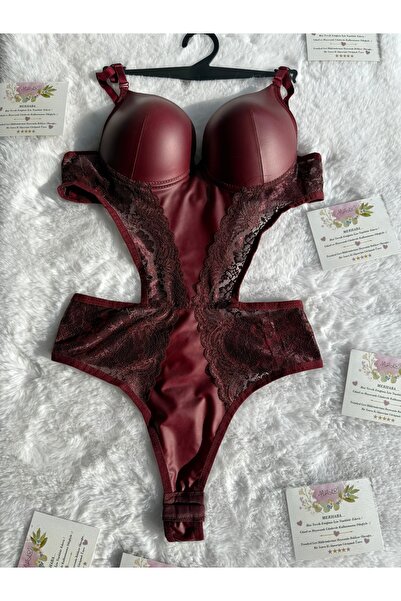 Nuzabi Βελούδινο Βουργουνδί Ενισχυμένο Δερμάτινο Κορμάκι με Δαντέλα και Λουράκια